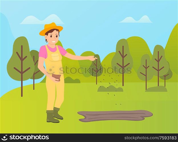 Person farming on field vector, woman wearing special rural clothes sowing seeds to wet ground. Soil prepared for growing plants Forest with trees. Farmer Woman Sowing Seeds on Field, Farming Person