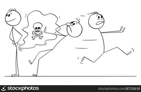 Person farting, people around are running in panic, vector cartoon stick figure or character illustration.. Person Farting, Panic Burst Around , Vector Cartoon Stick Figure Illustration