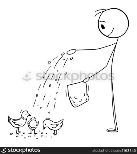 Person feeding pigeons or birds, vector cartoon stick figure or character illustration.. Person Feeding Birds or Pigeons, Vector Cartoon Stick Figure Illustration