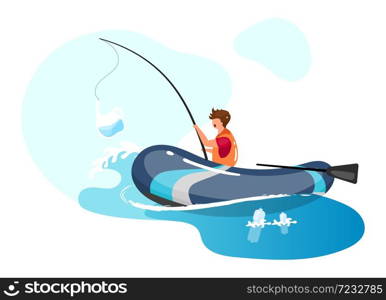 Person fishing in sea full of garbage flat concept icon. Junk in water. Ocean pollution. Fisherman with plastic package on rod sticker, clipart. Isolated cartoon illustration on white background. Person fishing in sea full of garbage flat concept icon