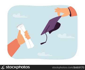 Person getting diploma. Two hands exchanging student cap and diploma. Education, university concept for banner, website design or landing web page