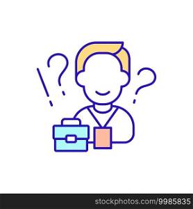 Person getting new work RGB color icon. Exploring facilities of company. Tips for new employees. Adaptation to working conditions. Questions about job. Isolated vector illustration. Person getting new work RGB color icon