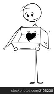 Person giving his heart or love as gift in box , vector cartoon stick figure or character illustration.. Person Holding Box and Giving Love or Heart as Gift, Vector Cartoon Stick Figure Illustration