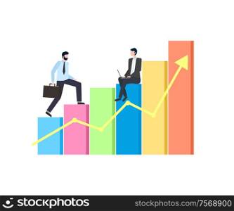 Person going up stairs and sitting worker with laptop on colorful flowchart with arrow. Growth statistic on diagram, success and strategy of working vector. Person Going Up Stairs, Worker with Laptop vector