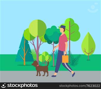 Person going with dog in park, side view of human in casual clothes, pet with lead, man or woman holding package, walking near trees, leisure vector. Human Walking with Dog near Trees, Leisure Vector