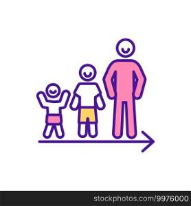 Person growing up RGB color icon. Happy baby. Successful growth. Result of childcare, parenting. Maturing process. From early childhood development to adulthood. Isolated vector illustration. Person growing up RGB color icon