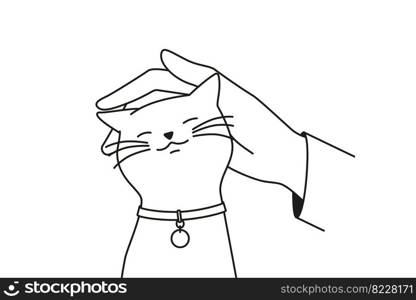 Person hand caress cute fluffy cat. Man or woman cuddle stroke happy kitten show love and care to domestic animal. Vector illustration. . Hand caress cute cat