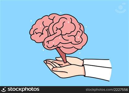Person hand hold brain explore human body organ. Doctor or neurologist work on neurology mind issues. Neuroscience and healthcare concept. Flat vector illustration. . Person hold brain in hands 