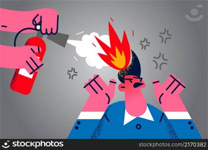 Person hand hold fire extinguisher stifle stressed businessman head with fire. Angry anxious male employee or entrepreneur suffer from nervous or emotional breakdown at work. Vector illustration. . Colleague extinguish male coworker burning head