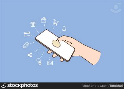 Person hand holding modern smartphone with different applications. Man use cellphone device shopping paying or texting online. Technology, app, internet services. Flat vector illustration. . Person holding cellphone use different applications on gadget