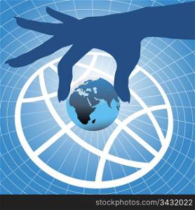 Person hand holding up planet Eastern hemisphere over globe symbol and grid background