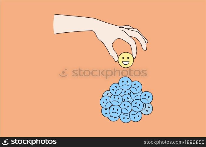 Person hand take choose smiling emoticon from pile of sad unhappy emojis. Woman man decide be happy overjoyed. Mental health, good life balance, emotional stability concept. Flat vector illustration.. Person choose happy emoticon from pile of unhappy ones