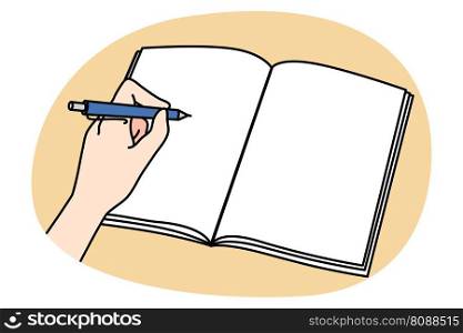 Person hand writing in blank notebook with pen. Write make note handwrite in notepad or diary. Education and learning concept. Flat vector illustration, cartoon character.. Person hand writing in notebook with pen