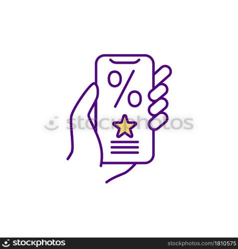 Person handles smartphone RGB color icon. Online shopping. Digital loyalty program card. Discounts and benefits. Application for customers. Isolated vector illustration. Simple filled line drawing. Person handles smartphone RGB color icon