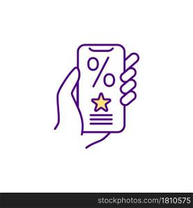 Person handles smartphone RGB color icon. Online shopping. Digital loyalty program card. Discounts and benefits. Application for customers. Isolated vector illustration. Simple filled line drawing. Person handles smartphone RGB color icon