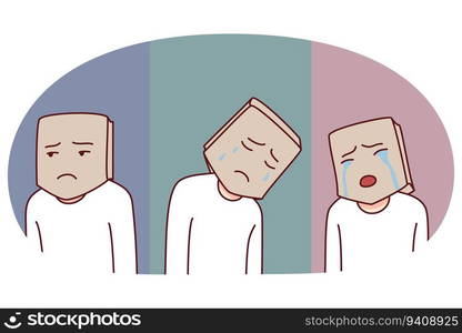 Person head in paper bag suffer from psychological mental prob≤ms. Man hide emotions struggling from depression or low self-esteem. Emotional instability. Vector illustration.. Person head in paper bad suffering from psychological prob≤ms