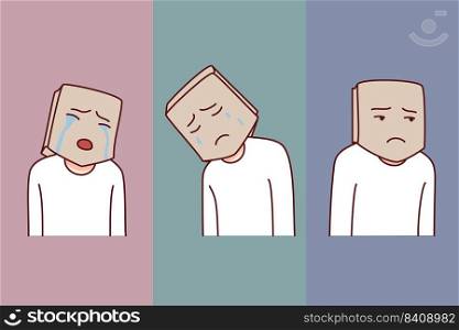 Person head in paper bag suffer from psychological mental problems. Man hide emotions struggling from depression or low self-esteem. Emotional instability. Vector illustration.. Person head in paper bad suffering from psychological problems