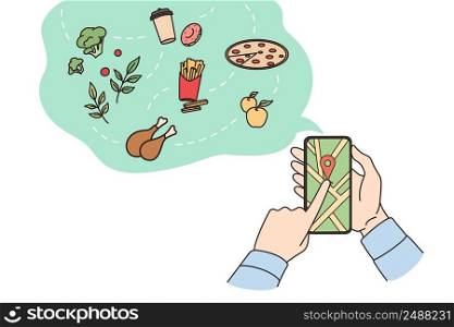 Person hold cellphone order food or products online on gadget. Man use smartphone for fast dish delivery from restaurant or cafe. Good deliver service on mobile app. Flat vector illustration. . Person hold cellphone order products online 