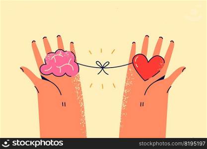 Person hold heart and brain in hands looking for balance. Woman search for harmony among reason and emotions. Love and logic in life. Vector illustration.. Person holding heart and brain in hands