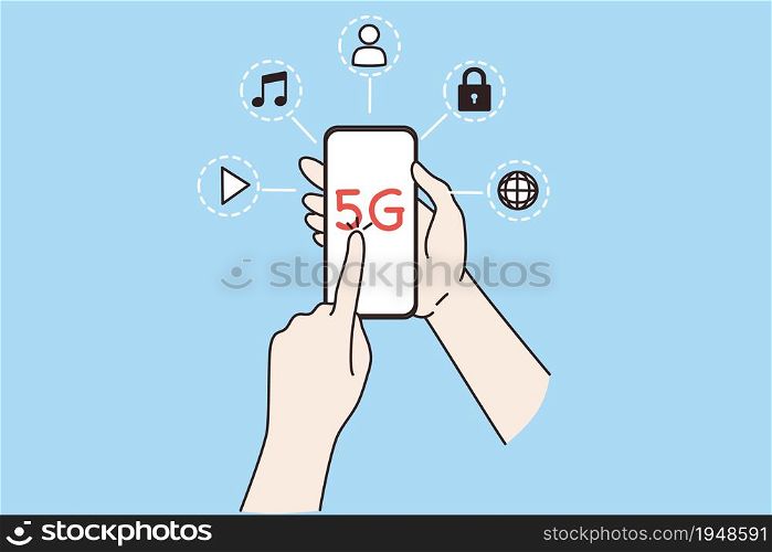 Person hold modern smartphone with 5g network, mobile provider connection. People client or customer use new era technology on cellphone gadget. Communication. Flat vector illustration.. Person hold cellphone with 5g network connection