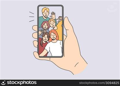 Person hold smartphone talk on video call with diverse friends. Man use cellphone have online webcam chat or communication on gadget with international mates. Vector illustration. . Person talk on video call with diverse friends