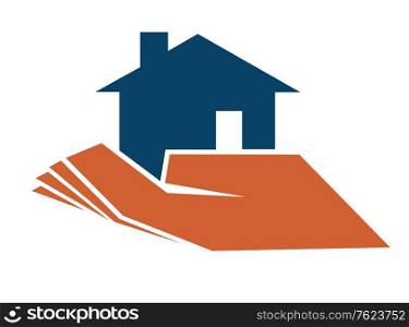 Person holding a house in their hand depicting home ownership, goals, achievement and success, cartoon illustration