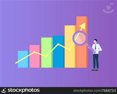 Person holding big magnifier, flat colorful flowchart with arrow. Man in suit standing near diagram, rising up pointer. Researching with loupe vector. Person with Magnifier, Diagram with Arrow Vector