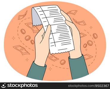 Person holding bill checking expenses and expenditures. Hands with receipt count money spend. Budget management concept. Vector illustration.. Person holding bill checking expenses