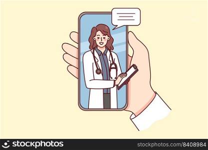 Person holding cellphone with doctor on screen. Concept of online medical consultation from home. Therapist consult patient remote on smartphone. Flat vector illustration.. Doctor consult patient online on mobile phone