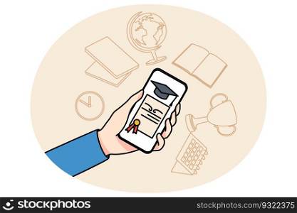 Person holding cellphone with virtual diploma graduate university on web. Student finish online studying or courses. Remote education concept. Flat vector illustration.. Person get diploma studying online