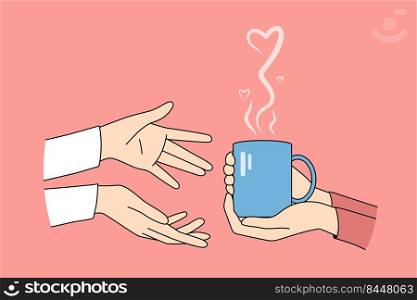 Person holding cup with hot drink give it to friend. People sharing hot coffee or tea. Concept of help and support. Vector illustration.. People sharing cup of tea with friend
