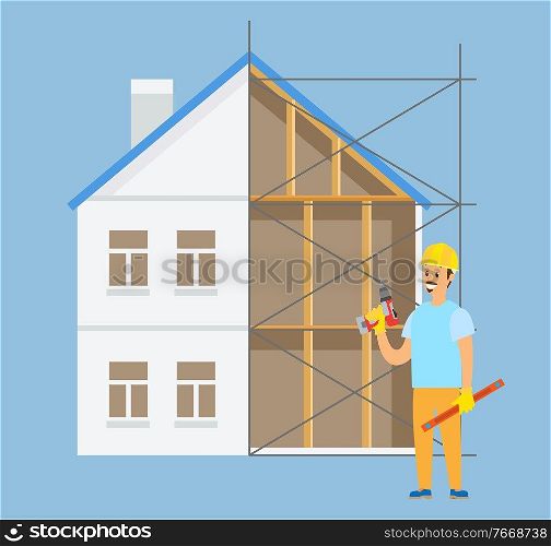 Person holding drill in hands vector, male wearing uniform person standing by unfinished construction isolated charcater with helmet and wooden plank. Worker Standing by Construction, Male with Tool