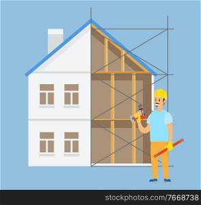 Person holding drill in hands vector, male wearing uniform person standing by unfinished construction isolated charcater with helmet and wooden plank. Worker Standing by Construction, Male with Tool