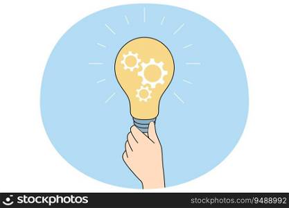 Person holding lightbulb generate creative business idea. Businessperson with light bulb brainstorm solve problem. Solution and innovation. Vector illustration.. Person hold lightbulb generating idea