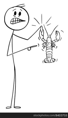 Person holding lobster, vector cartoon stick figure or character illustration.. Person Holding Lobster, Vector Cartoon Stick Figure Illustration