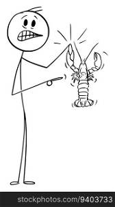 Person holding lobster, vector cartoon stick figure or character illustration.. Person Holding Lobster, Vector Cartoon Stick Figure Illustration