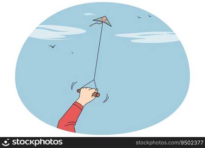 Person holding paper kite flying in air. Child have fun enjoy outdoor activity. Leisure and recreation. Vector illustration.. Person have fun with paper kite