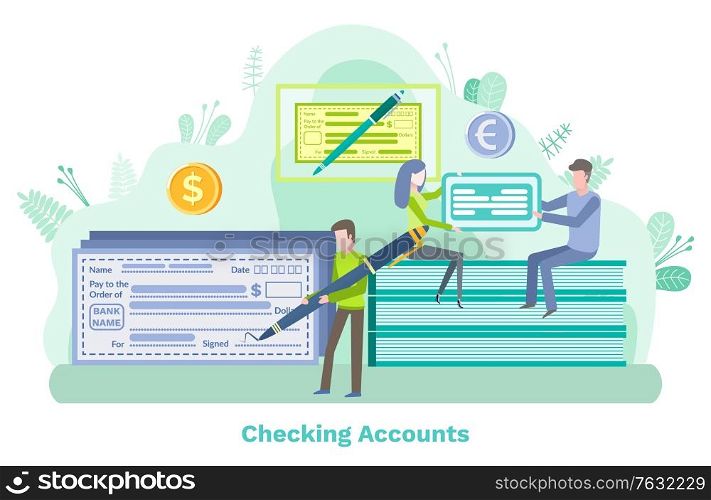 Person holding pen vector, checking account. Coin money saving and giving, male and female holding card. Name of holder, nature with foliage leaf. Checking Account Man with Pen Banking Systems