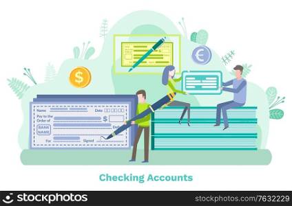Person holding pen vector, checking account. Coin money saving and giving, male and female holding card. Name of holder, nature with foliage leaf. Checking Account Man with Pen Banking Systems