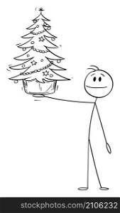 Person holding small Christmas tree with decorations, vector cartoon stick figure or character illustration.. Person Holding Decorated Christmas Tree, Vector Cartoon Stick Figure Illustration