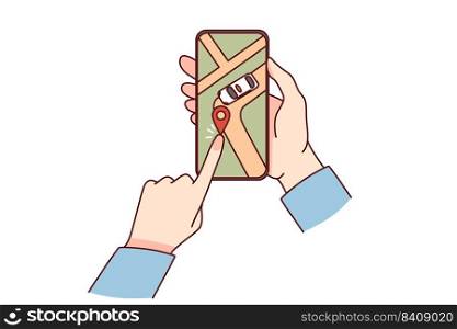 Person holding smartphone track taxi driver location on GPS on modern gadget. Client check delivery service on cellphone application. Vector illustration.. Person track taxi on cellphone app