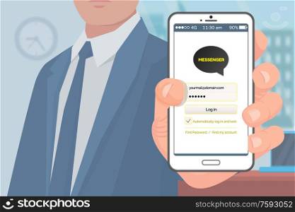 Person holding smartphone with kakao talk vector, korean messenger for people from worldwide. Businessman using application for communication and chat. Kakao talk Korean Messenger in Hand of Businessman