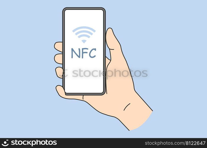 Person holding smartphone with NFC on screen. Near field communication technology on mobile phone. NFC payment with cellphone. Flat vector illustration. . Person holding cellphone with NFC on screen 