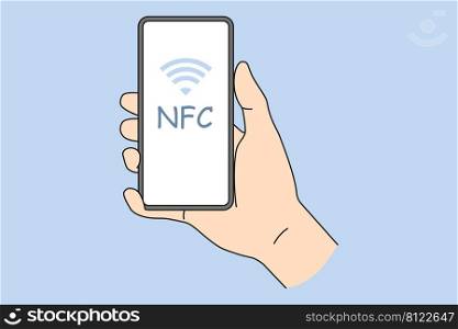 Person holding smartphone with NFC on screen. Near field communication technology on mobile phone. NFC payment with cellphone. Flat vector illustration. . Person holding cellphone with NFC on screen 
