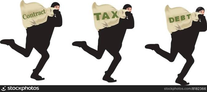 Person in black masked thief fleeing escapes with state taxes. Person in black masked thief fleeing escapes with state taxes-