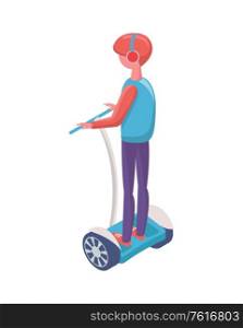 Person in headphones standing on segway, back view of human character wearing casual clothes balancing on wheels, eco and urban transport, driver vector. Man Balancing on Segway, Eco Transport Vector