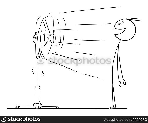 Person in hot weather enjoying cool air from ventilator or fan , vector cartoon stick figure or character illustration.. Person Enjoying Cool Air from Fan or Ventilator , Vector Cartoon Stick Figure Illustration