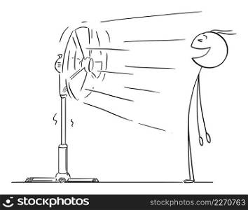 Person in hot weather enjoying cool air from ventilator or fan , vector cartoon stick figure or character illustration.. Person Enjoying Cool Air from Fan or Ventilator , Vector Cartoon Stick Figure Illustration
