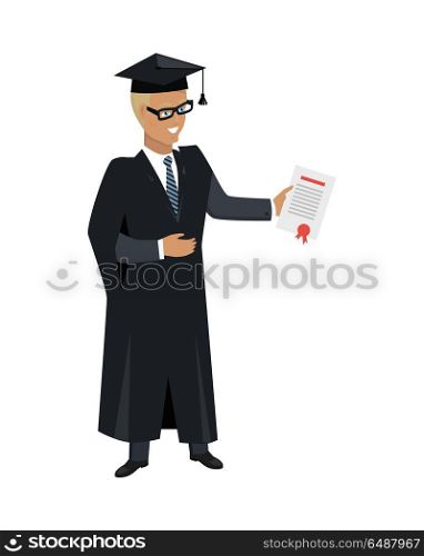 Person in Mantle Gown and Academic Square Cap. Person in mantle gown and academic square cap isolated on white background. Student graduated from university. Magister. Highschool level of education. Part of series of lifelong learning. Vector
