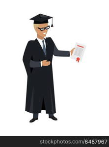 Person in Mantle Gown and Academic Square Cap. Person in mantle gown and academic square cap isolated on white background. Student graduated from university. Magister. Highschool level of education. Part of series of lifelong learning. Vector